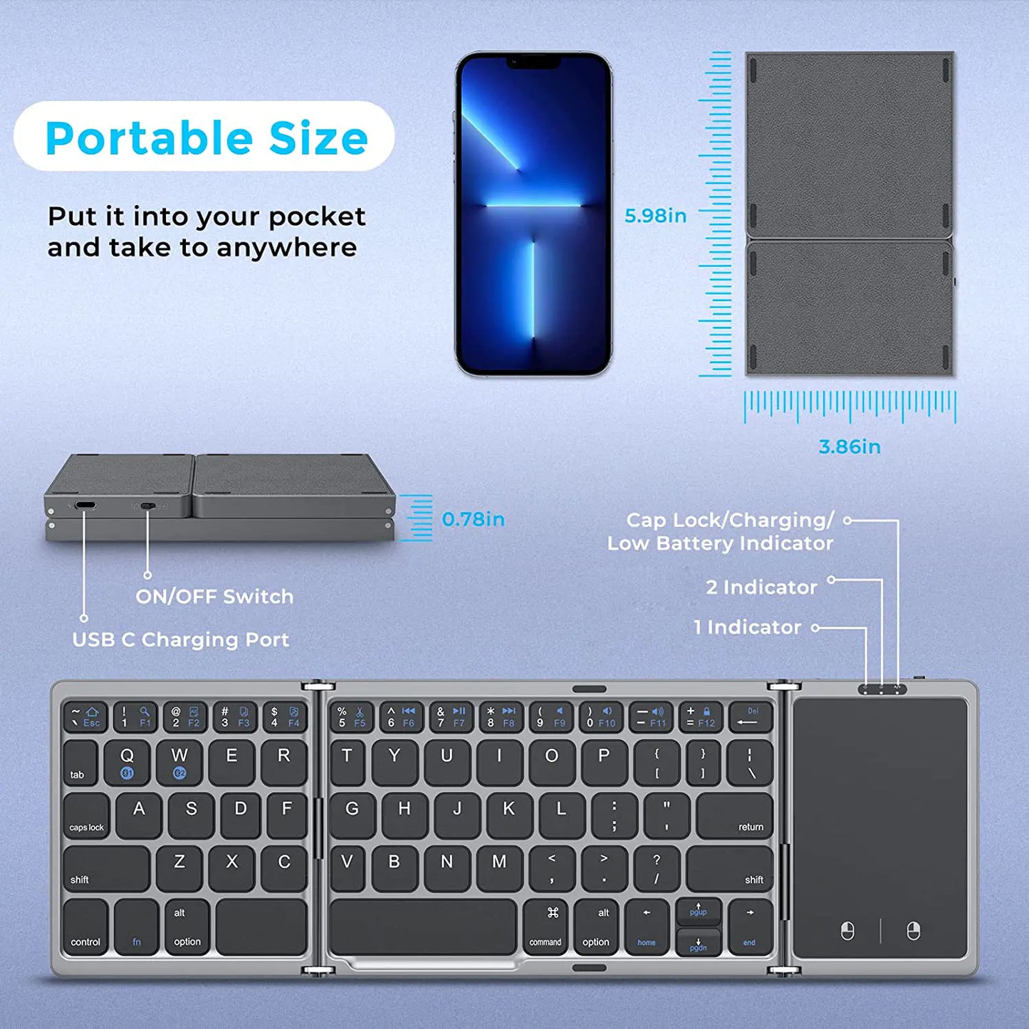 Foldable  Rechargeable Wireless Bluetooth Keyboard for PC, Mac, Smartphone Windows, iOS, & Android